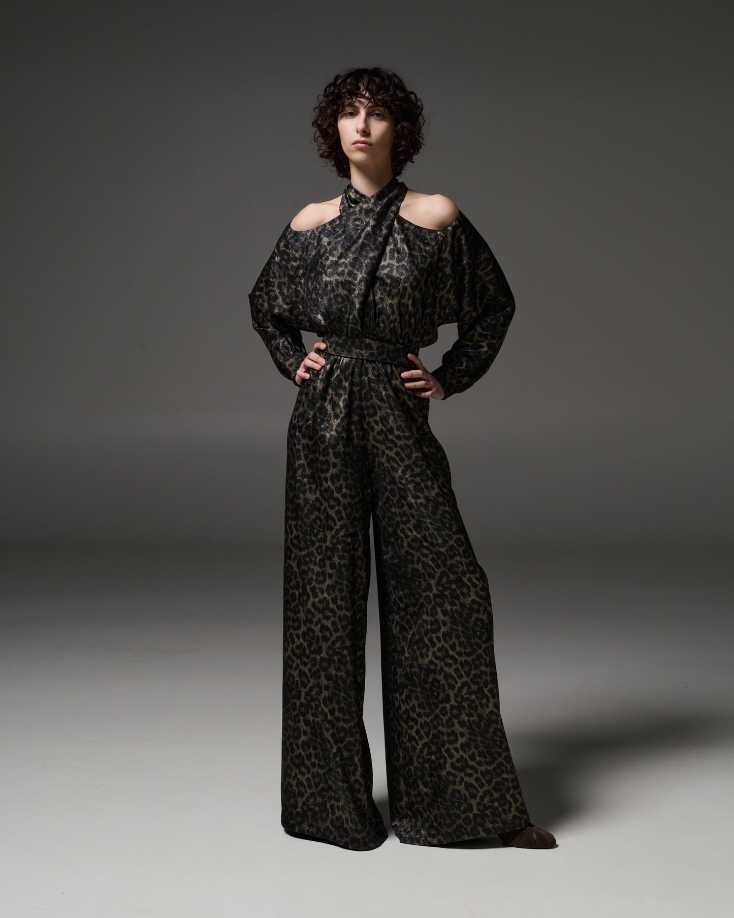 Stelios Koudounaris Crossed Neck Animal Print Jumpsuit