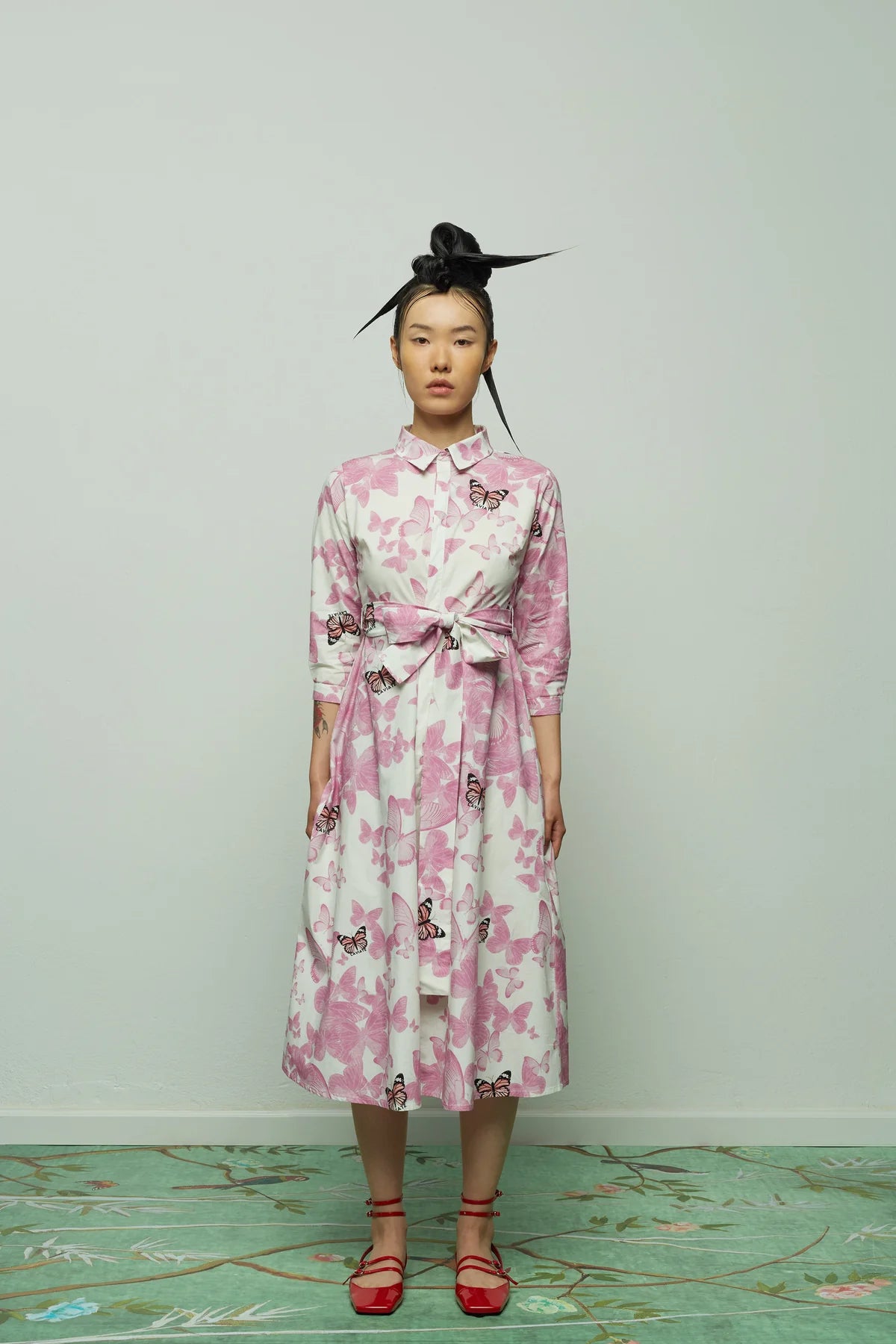 Laviate Pink Butterflies Shirt Dress