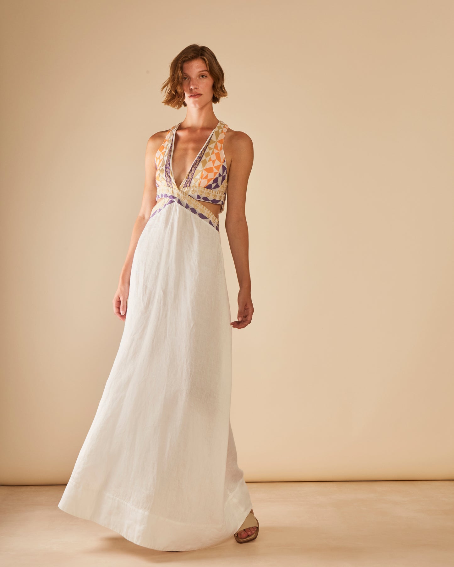 Antheris Loom Paneled Cut Out Waist Linen Maxi Dress (non returnable item)
