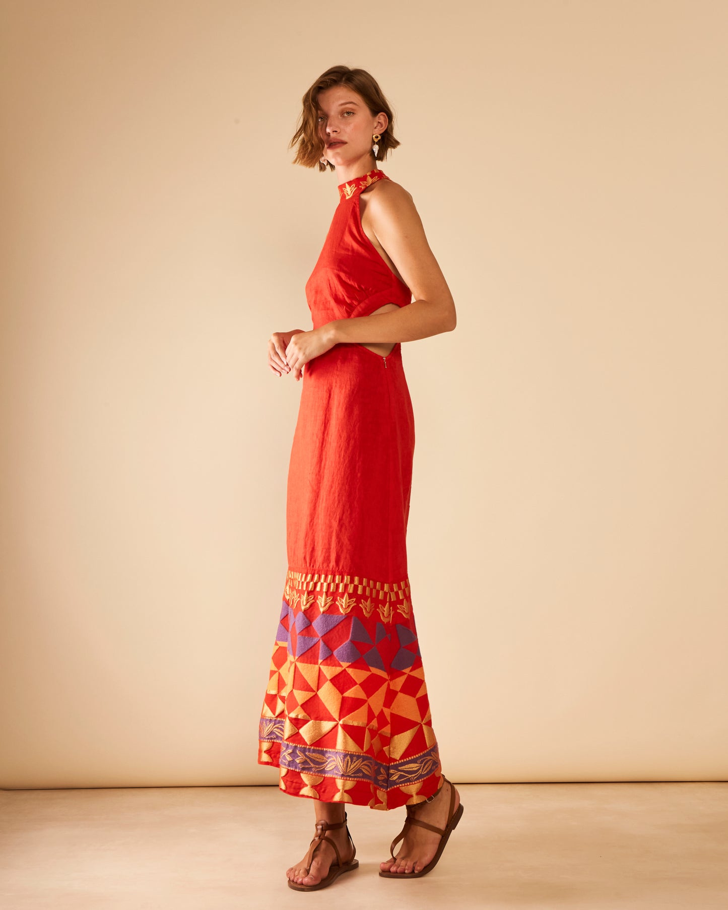 Antheris Loom Paneled Cut Out Waist Linen Maxi Dress (non returnable item)