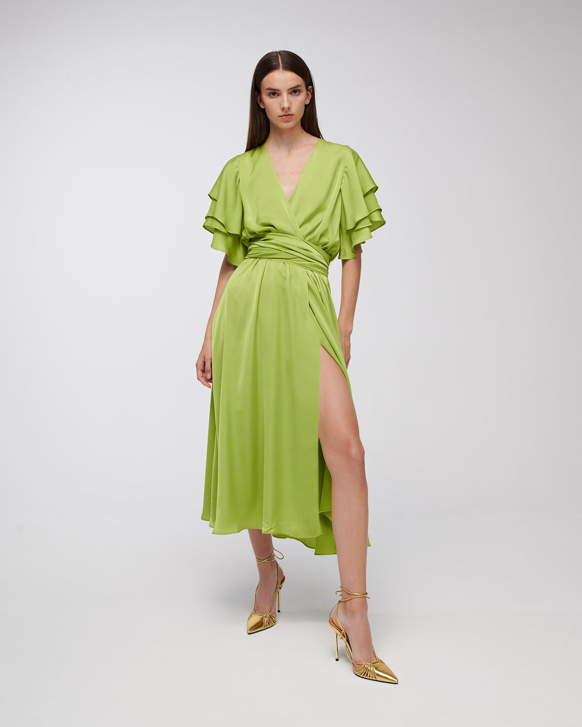 Stelios Koudounaris Ruffled Sleeves Lime Dress