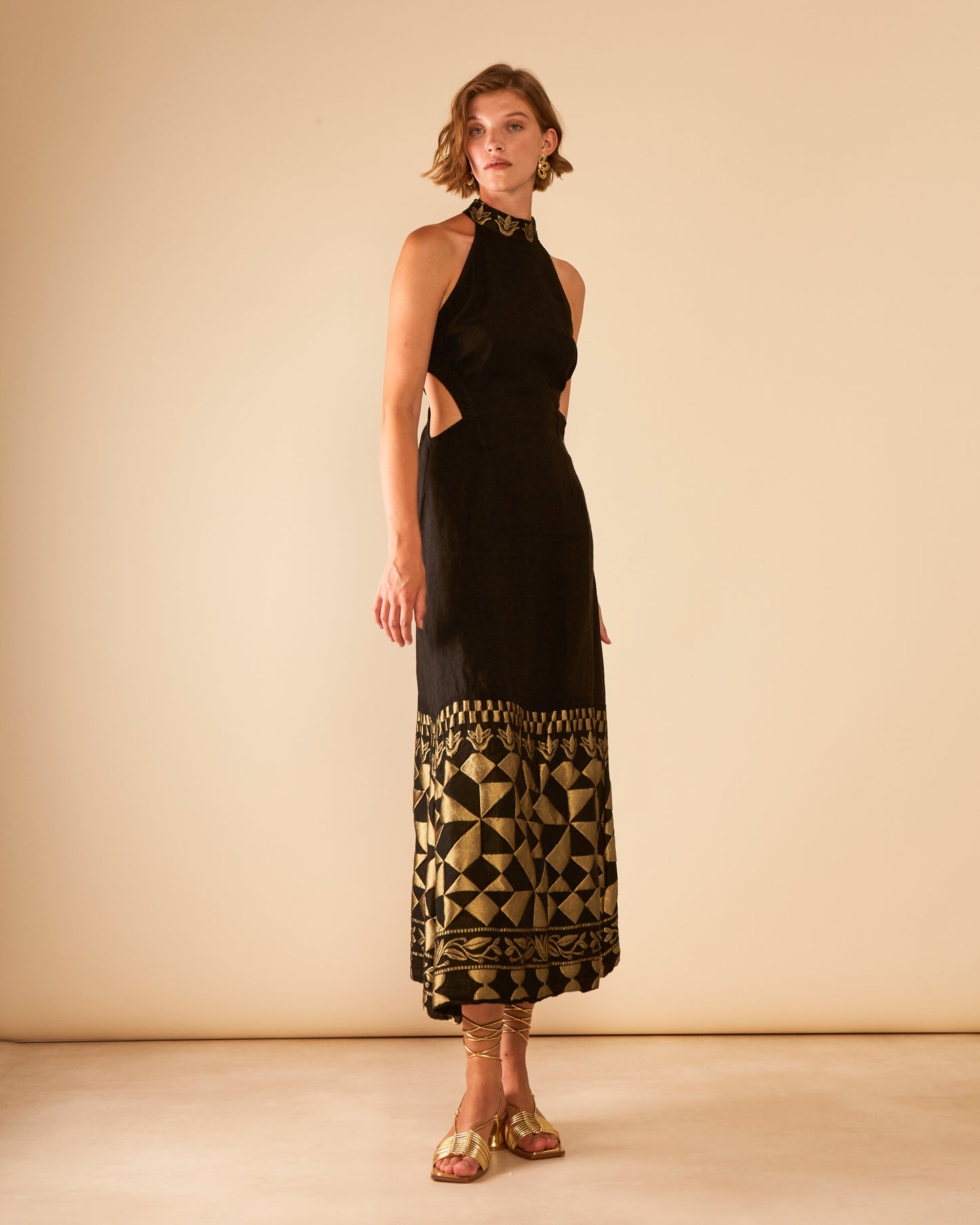 Antheris Loom Paneled Cut Out Waist Linen Maxi Dress (non returnable item)