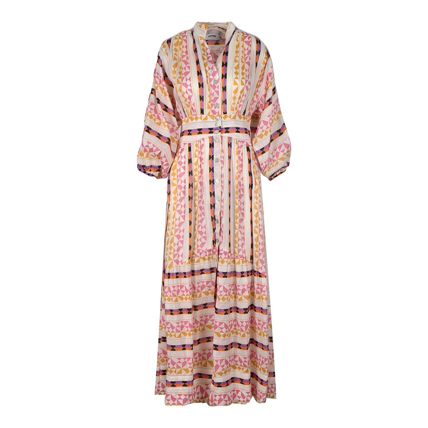 Antheris Pink Print Linen And Silk Long Dress (non returnable item)