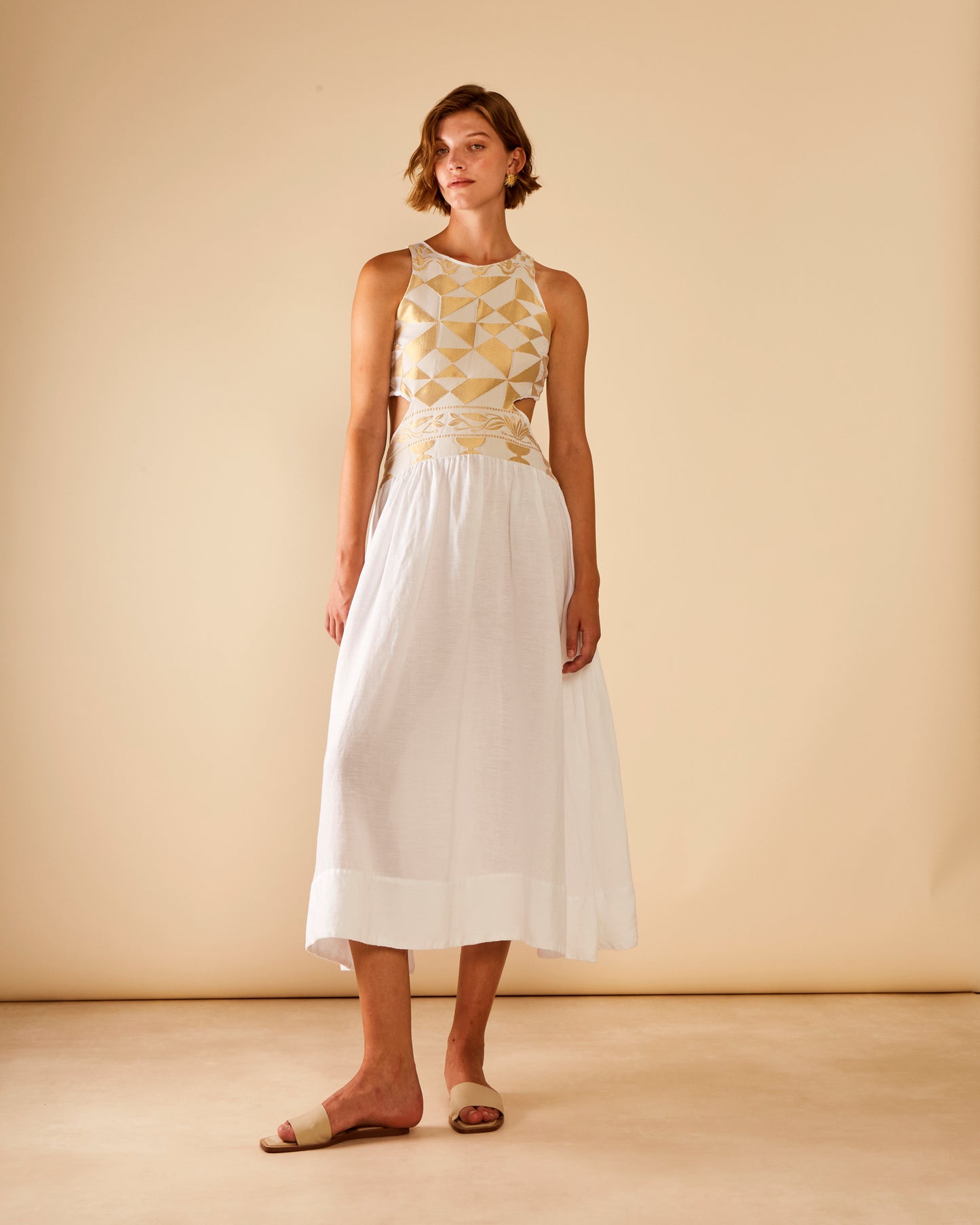 Antheris White Linen Midi Dress With Gold Panels (non returnable item)