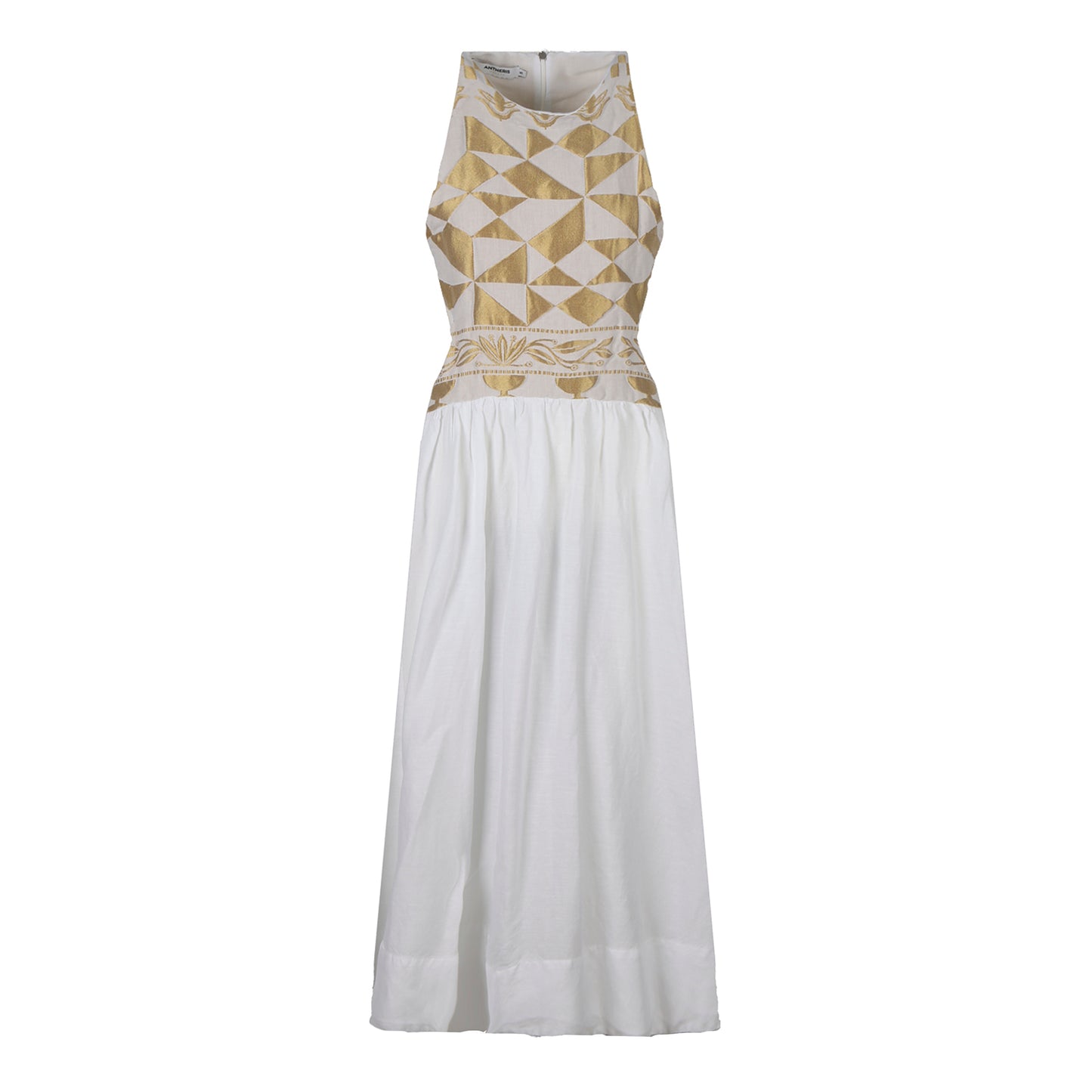 Antheris White Linen Midi Dress With Gold Panels (non returnable item)