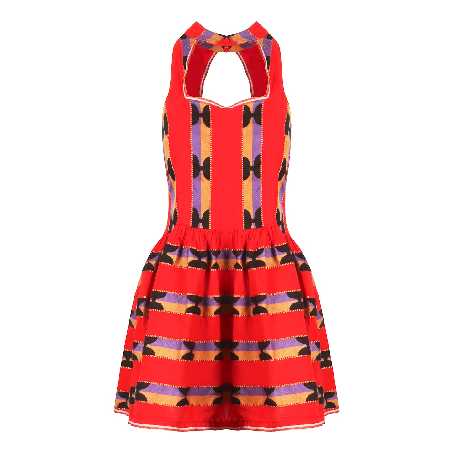 Antheris Red Cotton Woven Short Dress With High Neckline (non returnable item)