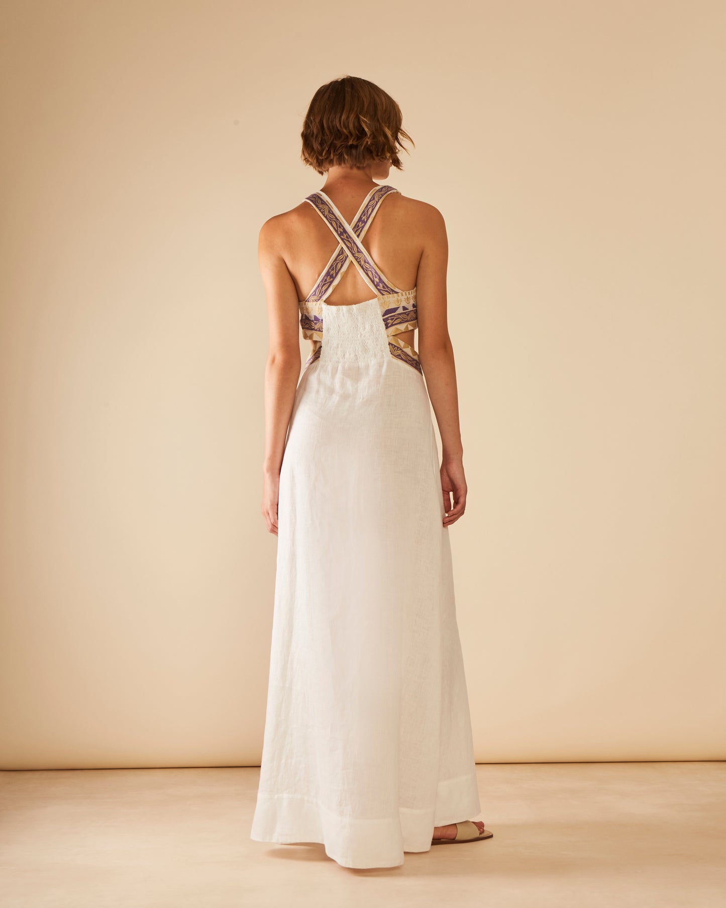 Antheris Loom Paneled Cut Out Waist Linen Maxi Dress (non returnable item)