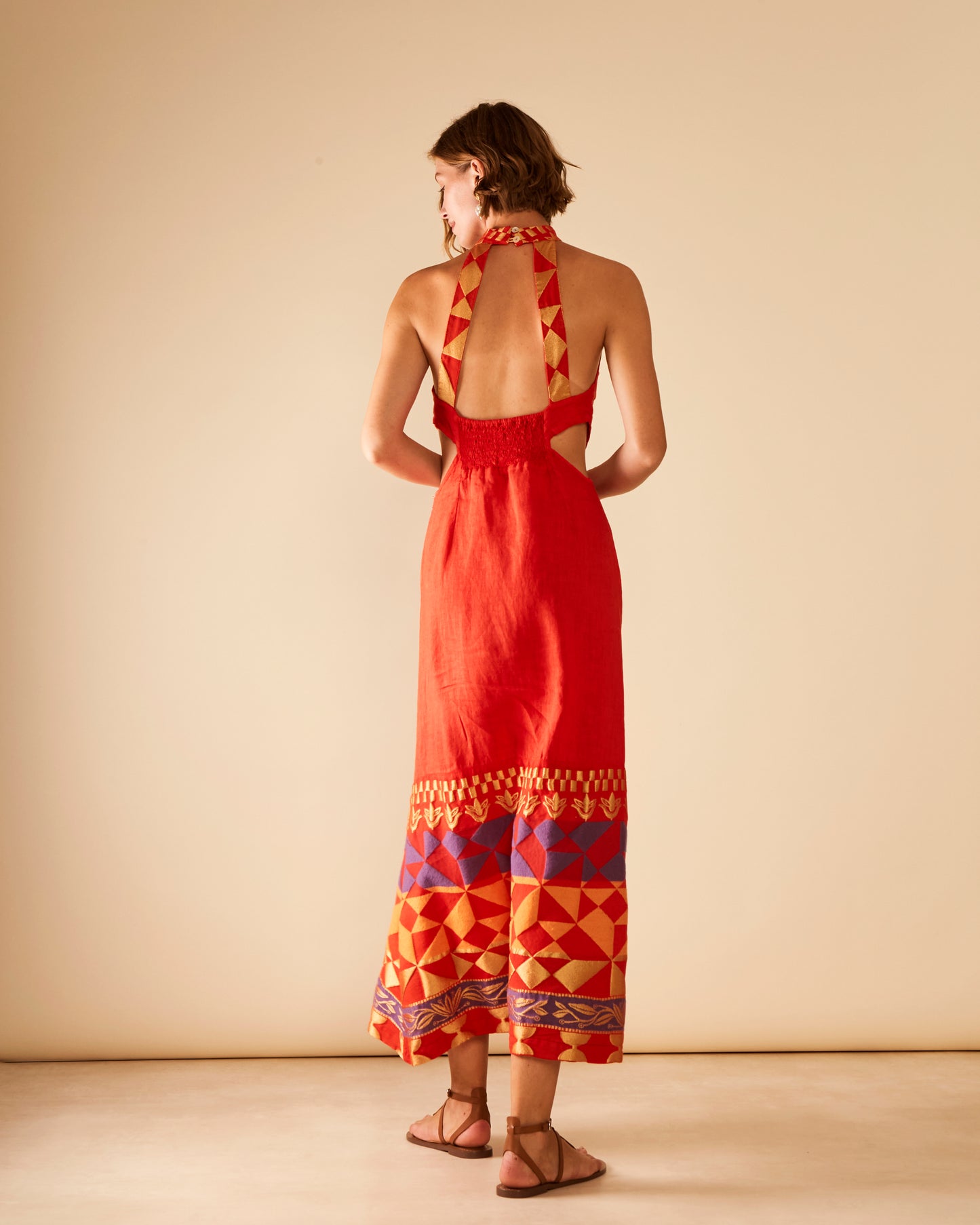 Antheris Loom Paneled Cut Out Waist Linen Maxi Dress (non returnable item)