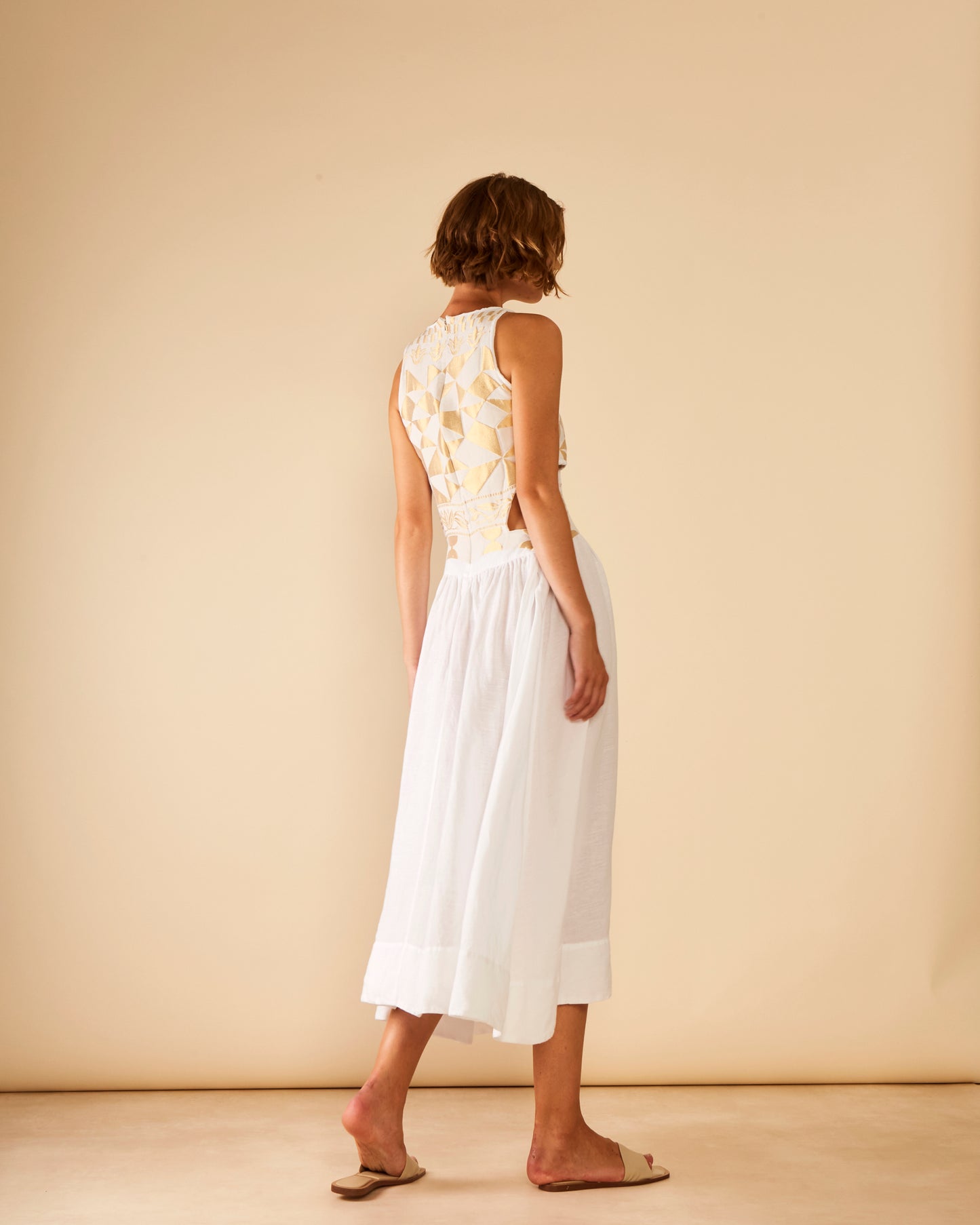 Antheris White Linen Midi Dress With Gold Panels (non returnable item)