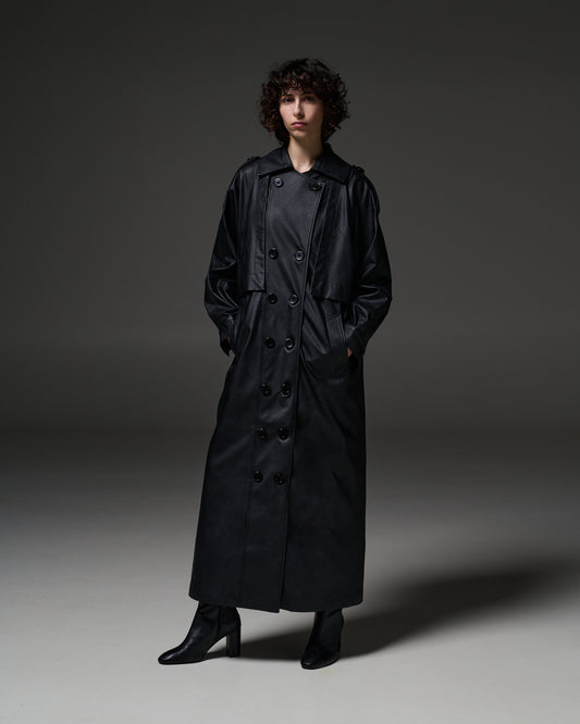 Stelios Koudounaris Eco Leather Long Trenchcoat Black