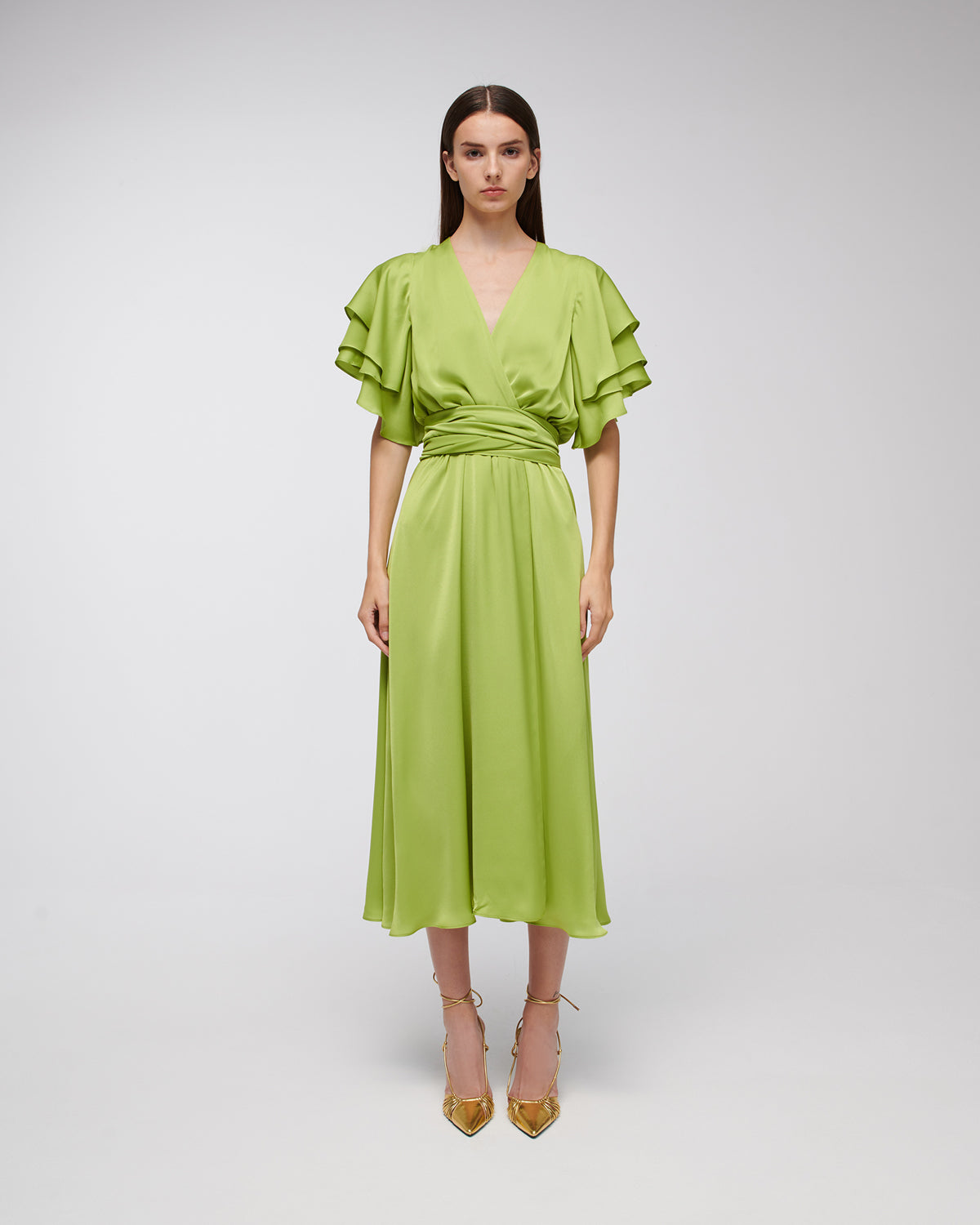 Stelios Koudounaris Ruffled Sleeves Lime Dress