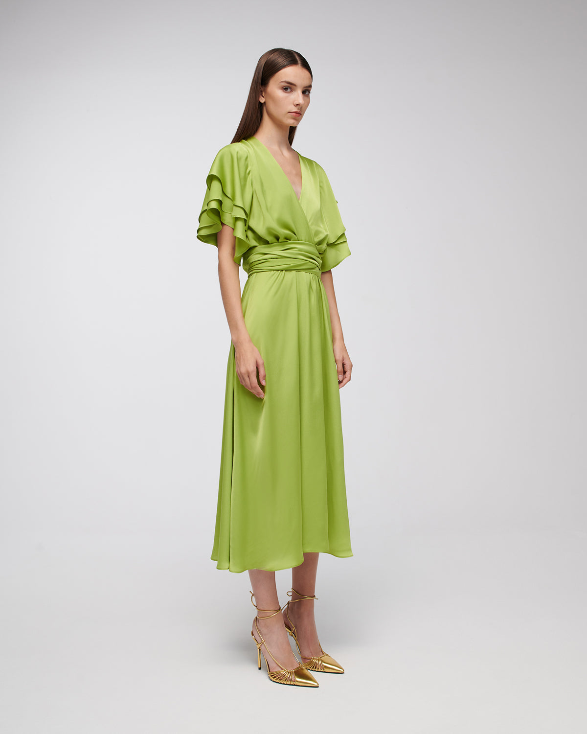 Stelios Koudounaris Ruffled Sleeves Lime Dress